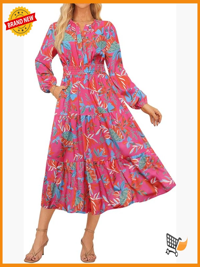 Long Sleeve Floral Maxi Dress With Pockets Boho A-Line Flow
